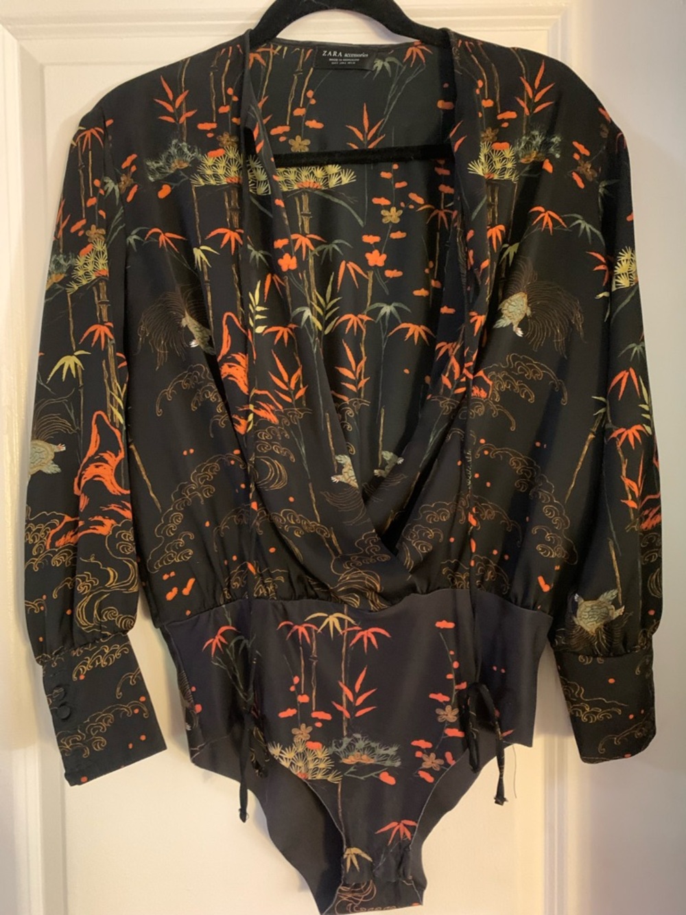 ZARA Black Bodysuit with Orange & Green Oriental Motif